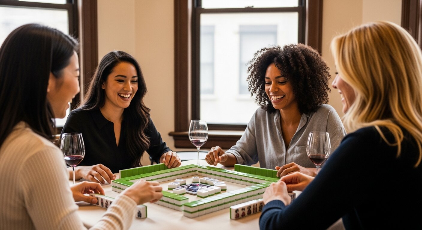 Brooklyn mahjong class with friends enjoying games and wine